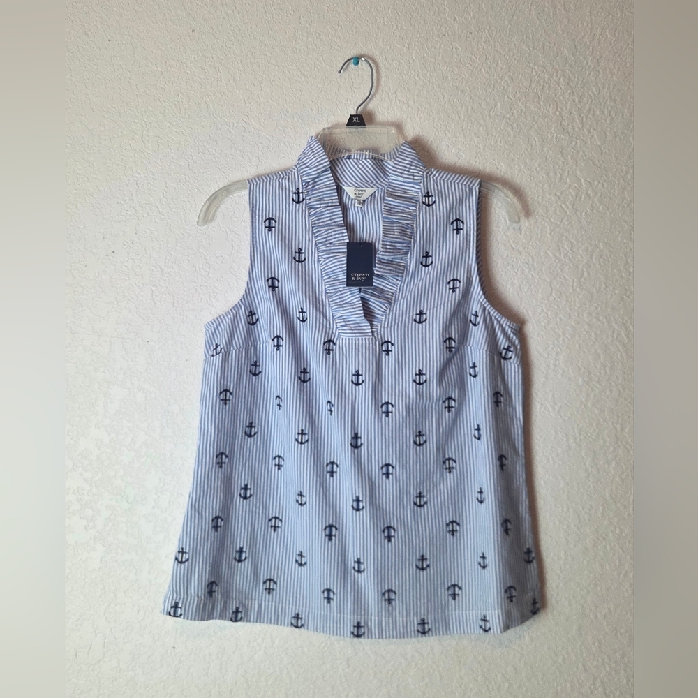 Navy Blue Anchor Print Sleeveless Top